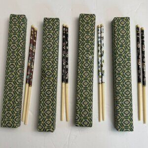 4 Vtg Sets Cloisonne Enamel Inlay Chopsticks in Original Silk Boxes, 8.5”Long
